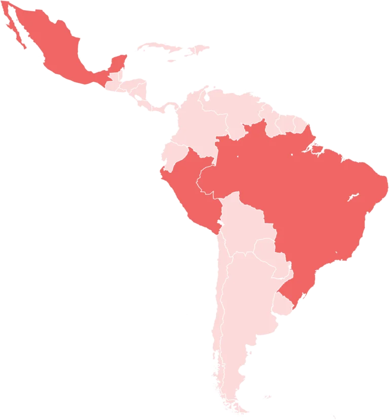 Mapa de presencia internacional de Eficientis en México, Brasil y Perú.